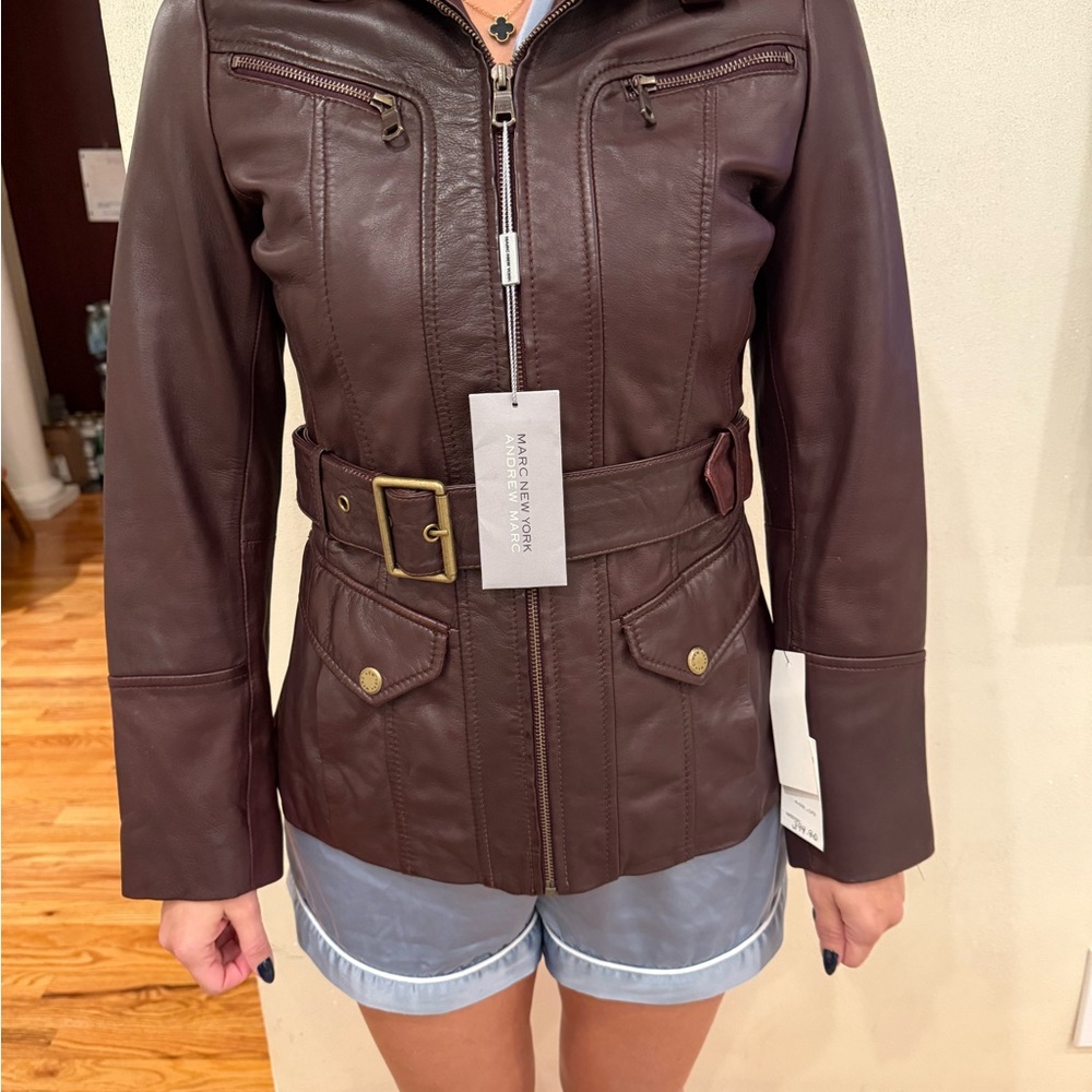 Marc New York Women's Dark Brown Leather Jacket with Belt